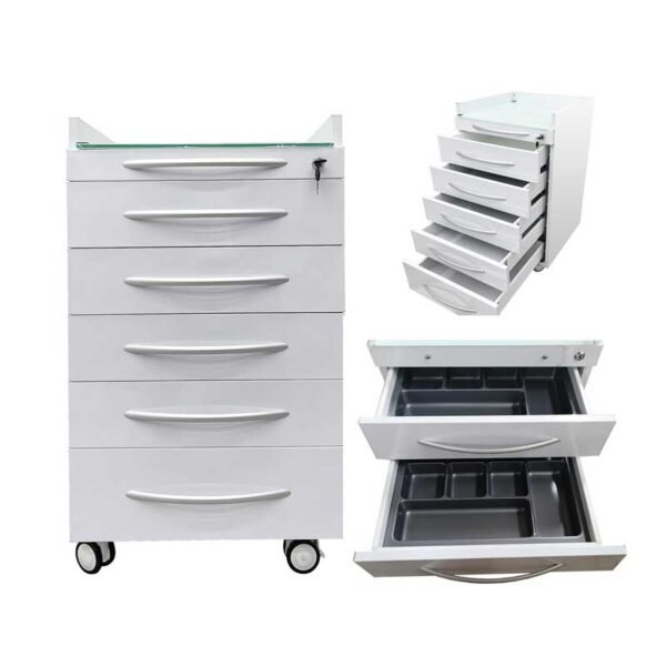 5-Drawer-Mobile-Dental-File 5 Drawer Mobile Dental File Storage Cabinet Stainless Steel White Medical Assistant's Cabinet Utility Cart Glass Countertop with Lock and Wheels and Storage Tray for Office Hospital School