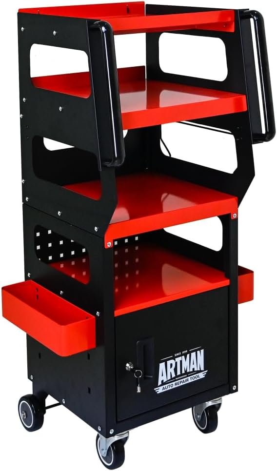 4-Level Multi-Functional Diagnostic Trolley (Black&Red) - Lockable Cabinet, 360° Rotating Casters & Layered Storage