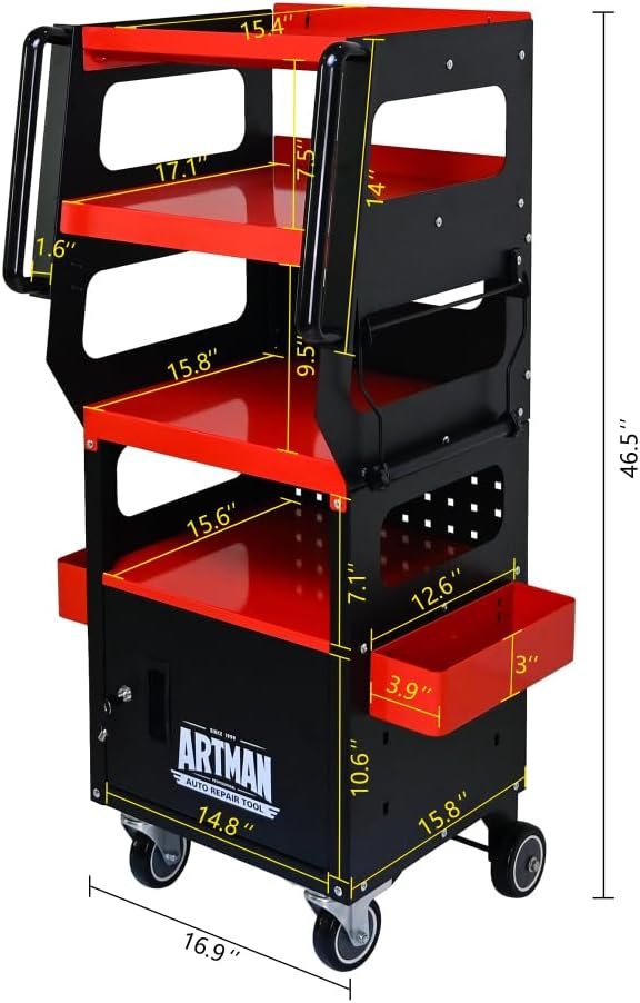 4-Level Multi-Functional Diagnostic Trolley (Black&Red) - Lockable Cabinet, 360° Rotating Casters & Layered Storage
