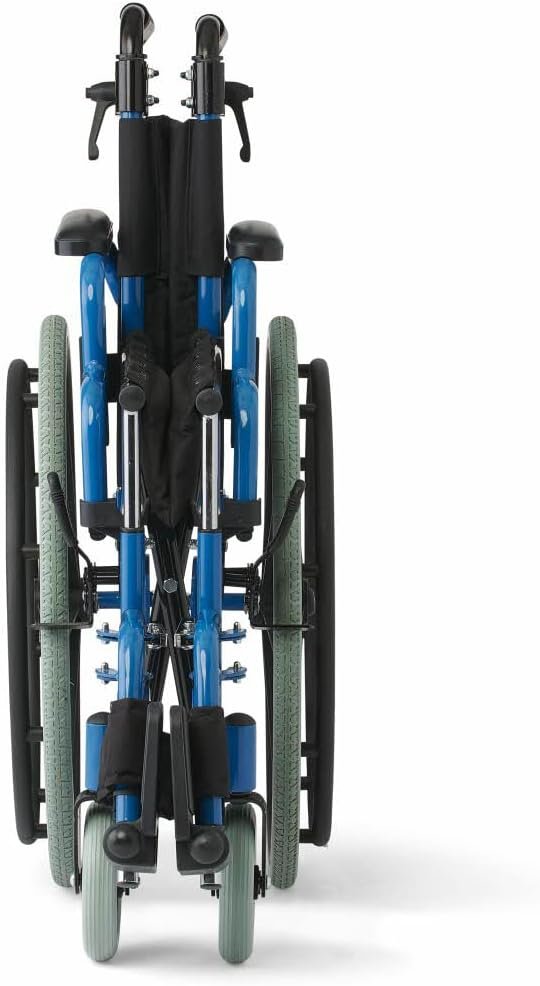 Medline Pediatric Wheelchair with 12" Wide Nylon Seat with Seat Belt, 250 lb. Weight Capacity, Telescoping Handles, Swing-Back Desk-Length Arms, Swing-Away Footrests & Vibrant Blue Frame