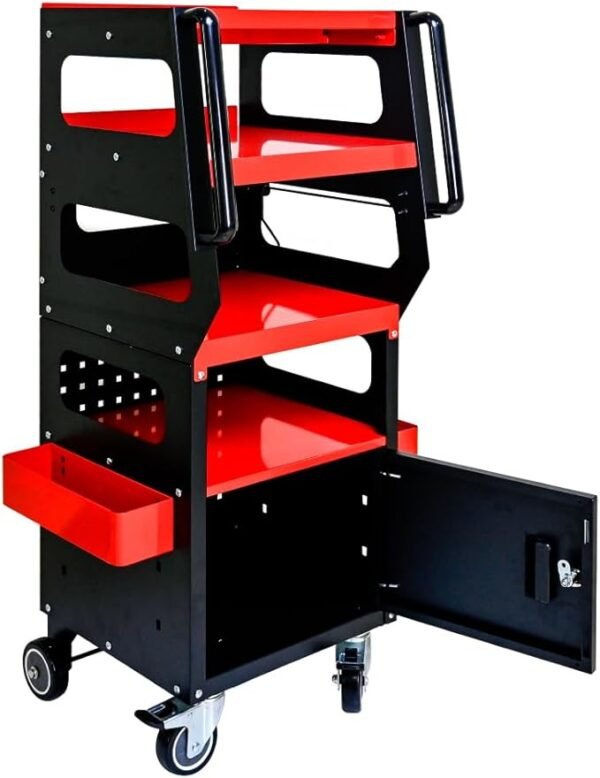 4-Level Multi-Functional Diagnostic Trolley (Black&Red) - Lockable Cabinet, 360° Rotating Casters & Layered Storage