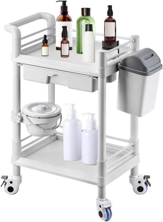 Mount Plus MT01 2 Tier Mobile Medical Cart Trolley with Drawer, Trash Cans, Waste Bowl | Beauty Salon Rolling Trolley with 360° Rotate Wheels | Heavy Duty Utility Cart for Hospital Dental Clinic