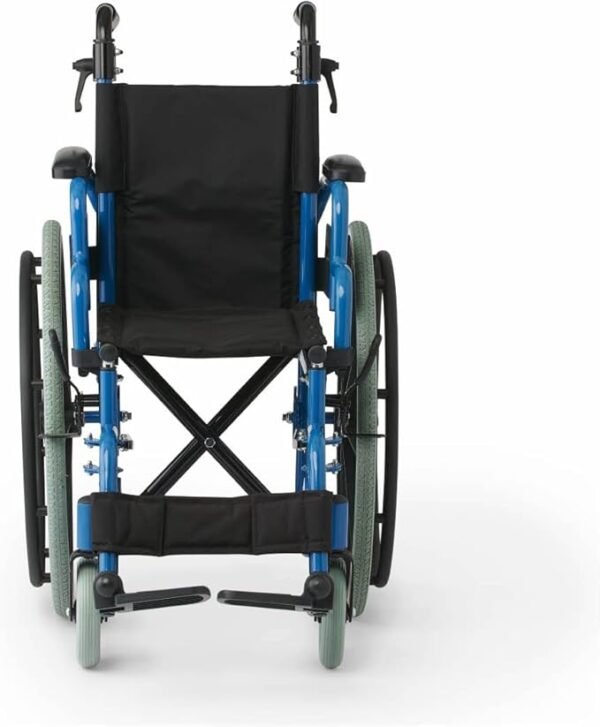 Medline Pediatric Wheelchair with 12" Wide Nylon Seat with Seat Belt, 250 lb. Weight Capacity, Telescoping Handles, Swing-Back Desk-Length Arms, Swing-Away Footrests & Vibrant Blue Frame