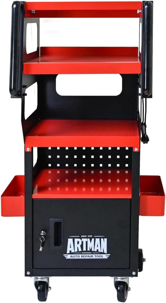 4-Level Multi-Functional Diagnostic Trolley (Black&Red) - Lockable Cabinet, 360° Rotating Casters & Layered Storage