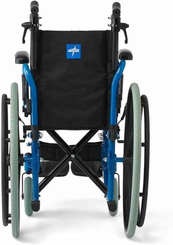 Medline Pediatric Wheelchair with 12" Wide Nylon Seat with Seat Belt, 250 lb. Weight Capacity, Telescoping Handles, Swing-Back Desk-Length Arms, Swing-Away Footrests & Vibrant Blue Frame