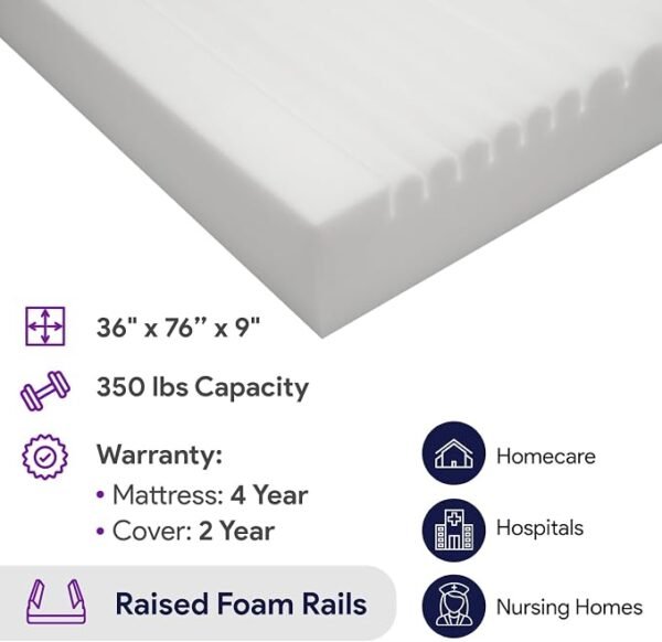 ProHeal Foam Hospital Bed Mattress for Pressure Redistribution, Raised Rails - 36" x 76" x 6" x 3" Rails - High Density Foam for Deep Immersion - Low to Moderate Bed Sore Treatment Mattresses