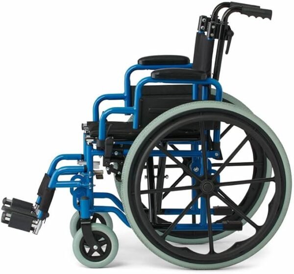 Medline Pediatric Wheelchair with 12" Wide Nylon Seat with Seat Belt, 250 lb. Weight Capacity, Telescoping Handles, Swing-Back Desk-Length Arms, Swing-Away Footrests & Vibrant Blue Frame