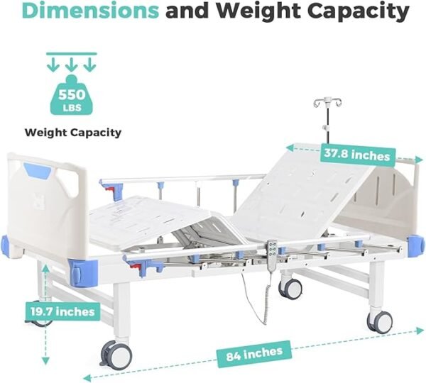 Premium 5 Function Full Electric ICU Hospital Bed with 4.7" Mattress for Home Use-17.7" - 29.5" Height Range-CPR One-Click Recovery-5" Casters, 550LBS Loading, Adjustable Medical Bed Frame-Navy