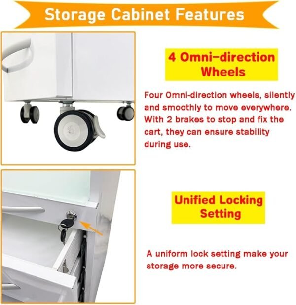 Dental Assistant's Mobile Cabinet 5 Drawer Office File Storage Cart Mobile Utility Storage Cart Stainless Steel Moving Side Cabinet with 2 Pallets Lock Wheels for Dental Medical Office