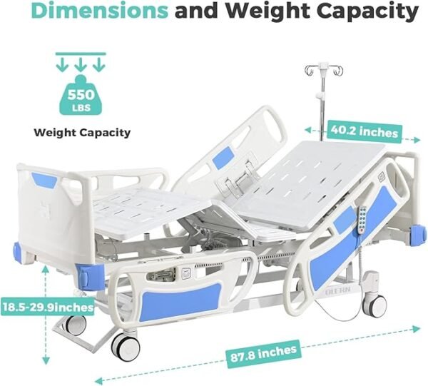 Premium 5 Function Full Electric ICU Hospital Bed with 4.7" Mattress for Home Use-17.7" - 29.5" Height Range-CPR One-Click Recovery-5" Casters, 550LBS Loading, Adjustable Medical Bed Frame-Navy