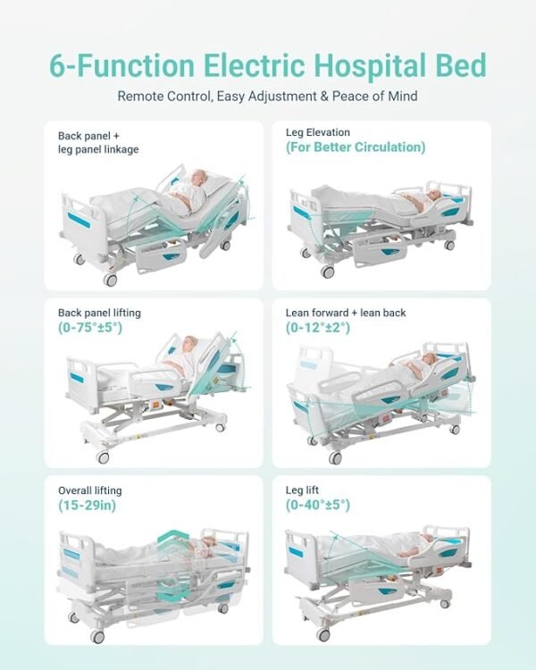 Upgrade 6-Function Full Electric Hospital Bed, hospital beds for home use with CPR One-Click Recovery, Timotion Motor, Weight capacity up to 550 lbs, Adjustable Medical Bed for Elderly Patients