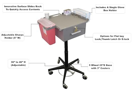 American Made Mobile Phlebotomy Cart & Medical Carts with Wheels, Large Storage Drawer, Keyed Lock for Storing Medical Supplies, Med Cart, Medical Utility Cart & Dialysis Supply Trolley