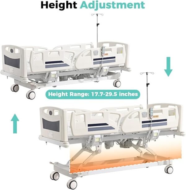 Premium 5 Function Full Electric ICU Hospital Bed with 4.7" Mattress for Home Use-17.7" - 29.5" Height Range-CPR One-Click Recovery-5" Casters, 550LBS Loading, Adjustable Medical Bed Frame-Navy