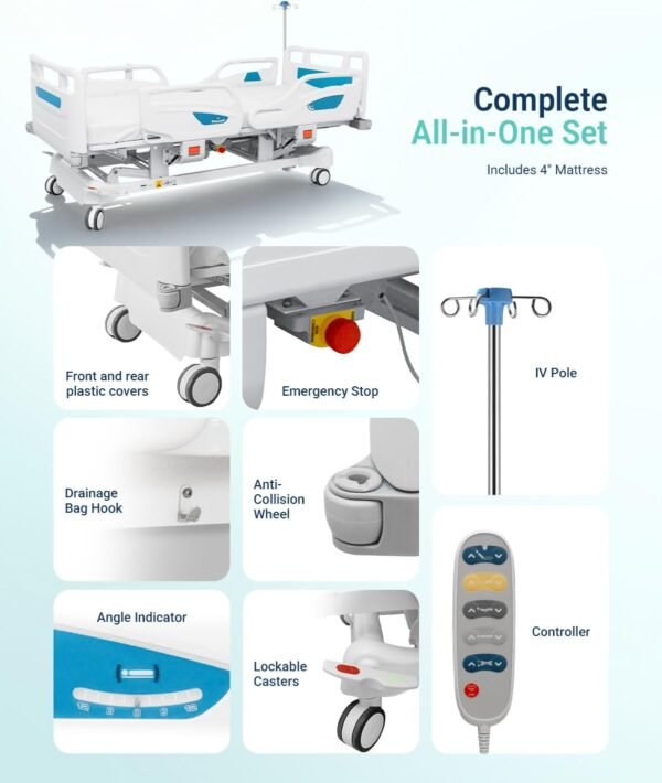 Upgrade 6-Function Full Electric Hospital Bed, hospital beds for home use with CPR One-Click Recovery, Timotion Motor, Weight capacity up to 550 lbs, Adjustable Medical Bed for Elderly Patients
