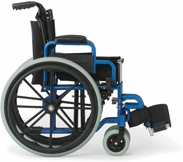 Medline Pediatric Wheelchair with 12" Wide Nylon Seat with Seat Belt, 250 lb. Weight Capacity, Telescoping Handles, Swing-Back Desk-Length Arms, Swing-Away Footrests & Vibrant Blue Frame