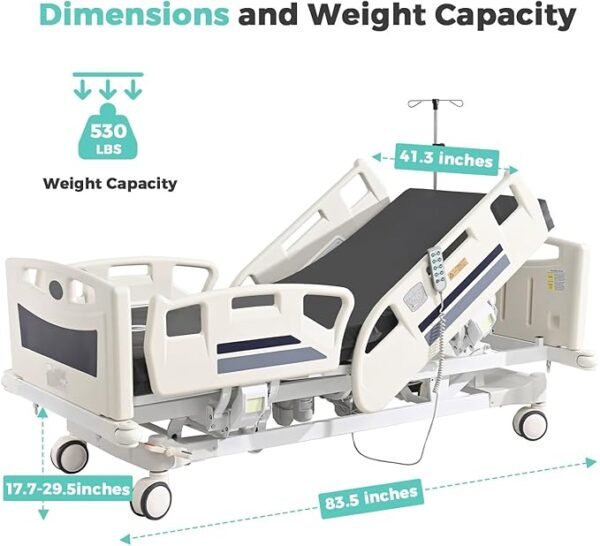 Premium 5 Function Full Electric ICU Hospital Bed with 4.7" Mattress for Home Use-17.7" - 29.5" Height Range-CPR One-Click Recovery-5" Casters, 550LBS Loading, Adjustable Medical Bed Frame-Navy