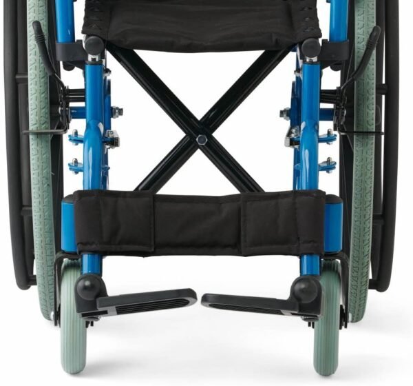 Medline Pediatric Wheelchair with 12" Wide Nylon Seat with Seat Belt, 250 lb. Weight Capacity, Telescoping Handles, Swing-Back Desk-Length Arms, Swing-Away Footrests & Vibrant Blue Frame