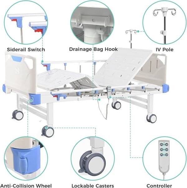 Premium 5 Function Full Electric ICU Hospital Bed with 4.7" Mattress for Home Use-17.7" - 29.5" Height Range-CPR One-Click Recovery-5" Casters, 550LBS Loading, Adjustable Medical Bed Frame-Navy