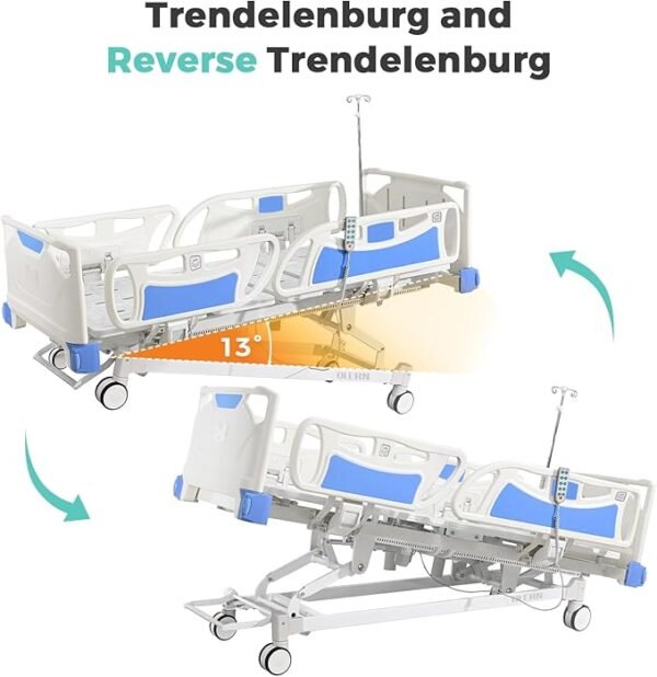 Premium 5 Function Full Electric ICU Hospital Bed with 4.7" Mattress for Home Use-17.7" - 29.5" Height Range-CPR One-Click Recovery-5" Casters, 550LBS Loading, Adjustable Medical Bed Frame-Navy