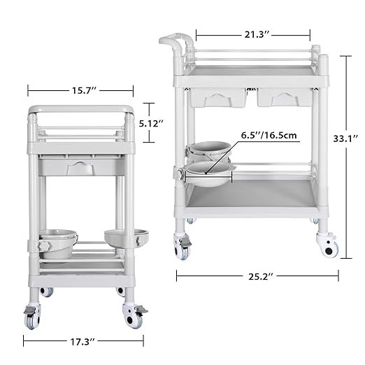 Mobile Medical Cart, 2 Tier Trolley 120 Lbs, with 2 Drawers Carts, Beauty Salon Rolling Trolley with Dirt Buckets, 360° Rotate Wheels, Heavy Duty Medical Utility Cart for Hospital Dental Clinic