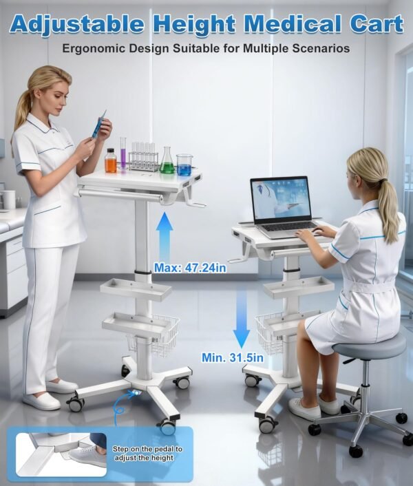 Professional Medical Cart with 150 lbs Capacity – Adjustable Height Rolling Trolley for Hospital, Dental Clinic, Beauty Salon – 360° Silent Lockable Wheels (with 7 Drawers/White)