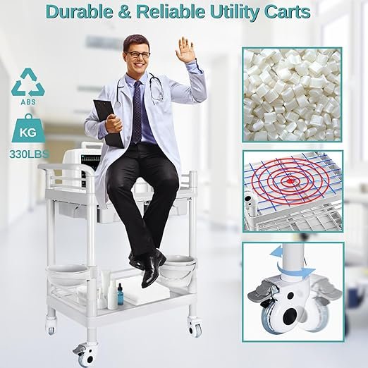 Mobile Medical Cart, 2 Tier Trolley 120 Lbs, with 2 Drawers Carts, Beauty Salon Rolling Trolley with Dirt Buckets, 360° Rotate Wheels, Heavy Duty Medical Utility Cart for Hospital Dental Clinic