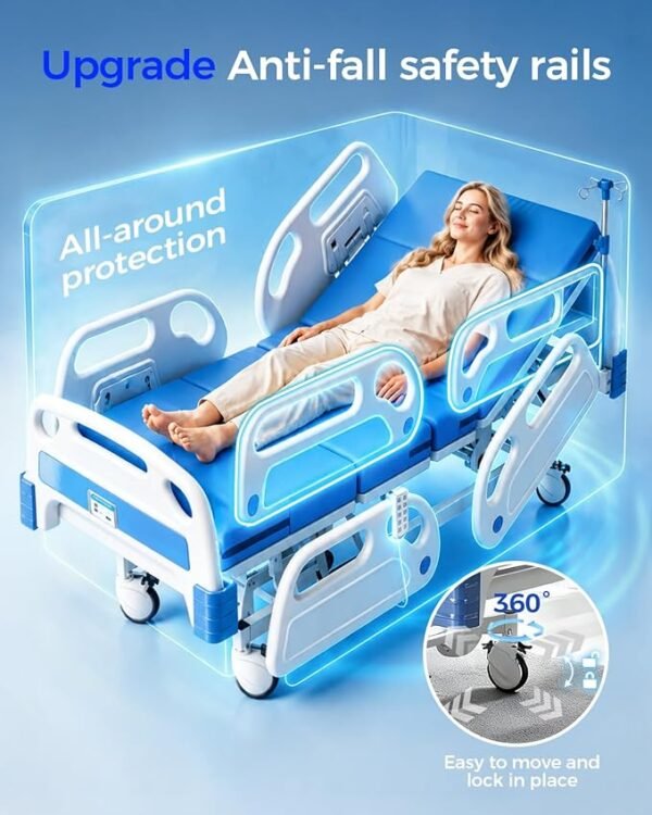 5 Function 600LBS Full Electric Hospital Bed, Beds for Home Use, Special Needs Medical Bed for Seniors with Mattress, Adjustable Hospital, Frame IV Pole, Medical Equipment Beds