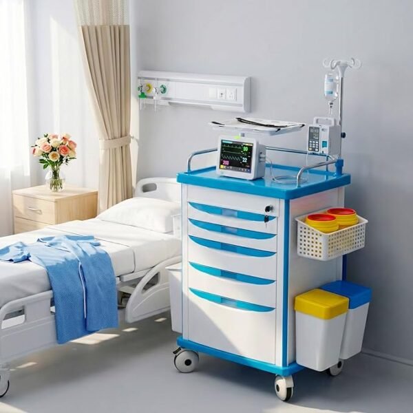 Medical Rolling Storage Crash Cart with Wheels, 5-Tier Medical Cart with Drawers, Adjustable IV Pole, Trash Bin & O2 Holder, Needle Disposal Holder, Silent Casters, Ideal for Hospitals (Grey)