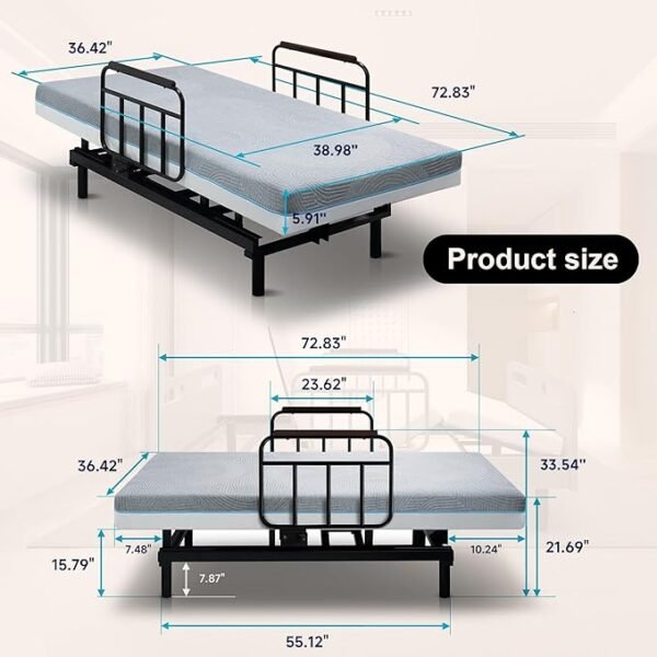 Adjustable Hospital Bed for Seniors Elderly with Mattress, Electric Lift Bed with Remote, Fall-Safe Frame&Meal Tray,Head&Foot Incline,Adjustable Bed Base for Safe Lying/Standing/Aid/Sitting,Twin