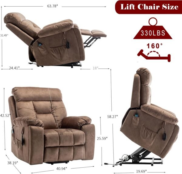 FUNECORP Big Man Power Lay Flat Lift Chair Oversized Recliner Dual Motor Heat Vibration for Elderly, Overstuffed Electric Extra Wide Recliners with Flip Arm Storage Cup Holders,USB Type C Charging