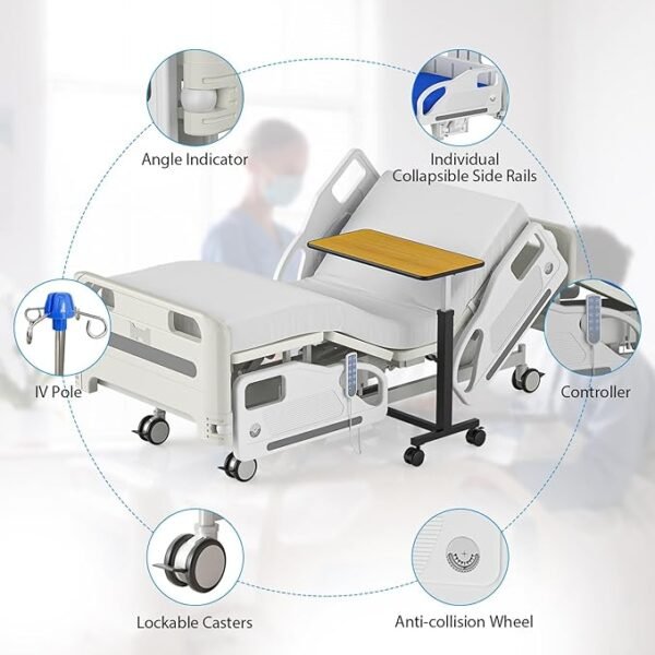 Premium Hospital Bed - 5 Function Full Electric Medical Beds, 4.7" Foam Mattress, JIECANG Motors, Individual Locking, 5" Casters, IV Pole, Includes (2X) Bed Sheet