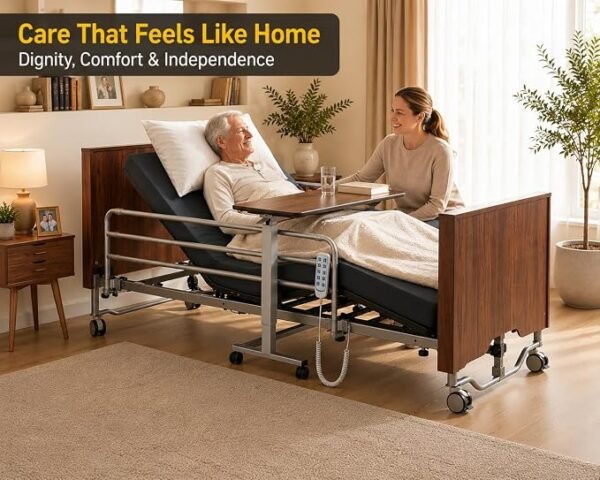 Premium Hospital Bed - 5 Function Full Electric Medical Beds, 4.7" Foam Mattress, JIECANG Motors, Individual Locking, 5" Casters, IV Pole, Includes (2X) Bed Sheet