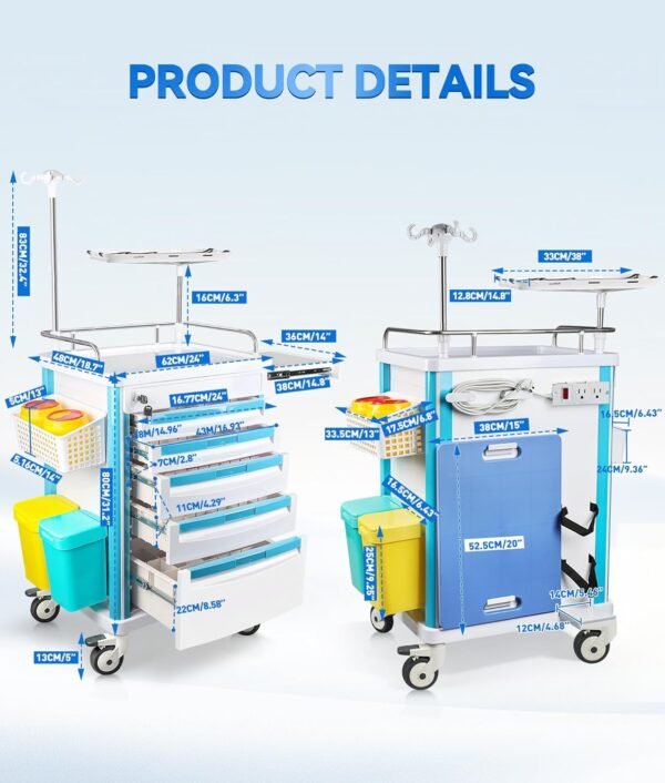 Medical Rolling Storage Crash Cart with Wheels & Drawers, Hospital Mobile Ultrasound cart with 5 Drawers & Power Strip,IV Pole,Needle Disposal,O2 Holder,Nursing Emergency Cart for Hospital, Clinic