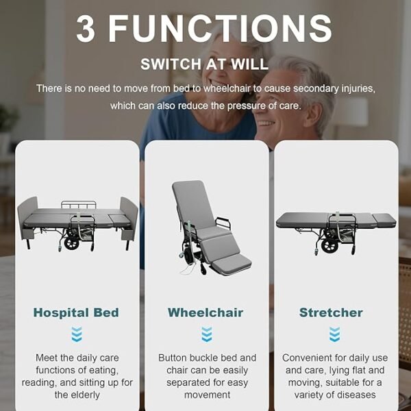 Leavader 3-in-1 Adjustable Hospital Bed with Dual Motors, Convertible to Wheelchair & Stretcher, Electric Nursing Bed with Remote, Safety Rails, Heavy Duty Elderly Home Care Bed