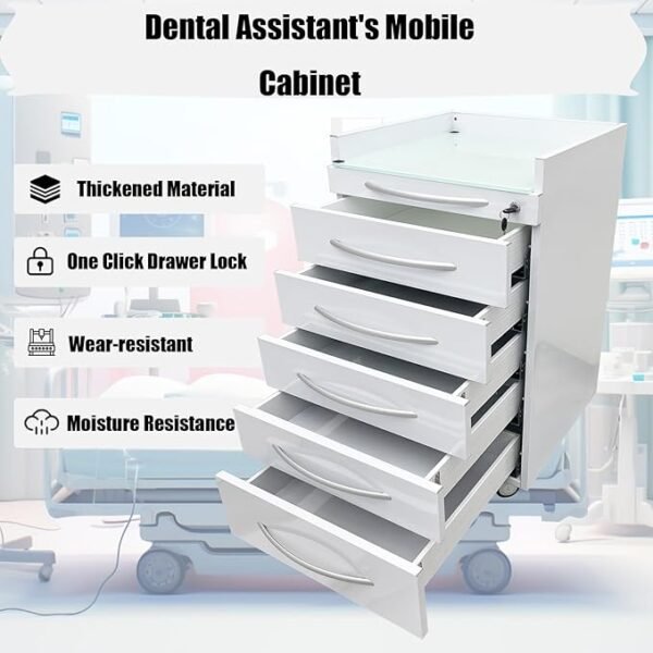 71K22jOcP3L._AC_SX679_ 5 Drawer Mobile Dental File Storage Cabinet Stainless Steel White Medical Assistant's Cabinet Utility Cart Glass Countertop with Lock and Wheels and Storage Tray for Office Hospital School