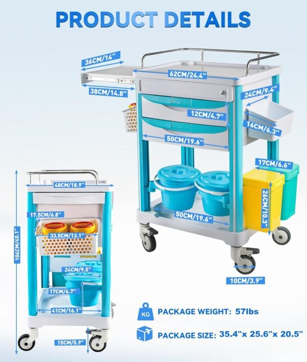Professional Medical Cart with 150 lbs Capacity – Adjustable Height Rolling Trolley for Hospital, Dental Clinic, Beauty Salon – 360° Silent Lockable Wheels (with 7 Drawers/White)