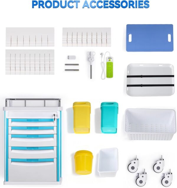 Medical Rolling Storage Crash Cart with Wheels & Drawers, Hospital Mobile Ultrasound cart with 5 Drawers & Power Strip,IV Pole,Needle Disposal,O2 Holder,Nursing Emergency Cart for Hospital, Clinic