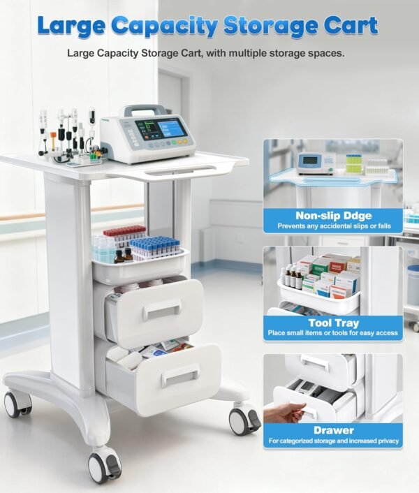 Professional Medical Cart with 150 lbs Capacity – Adjustable Height Rolling Trolley for Hospital, Dental Clinic, Beauty Salon – 360° Silent Lockable Wheels (with 7 Drawers/White)