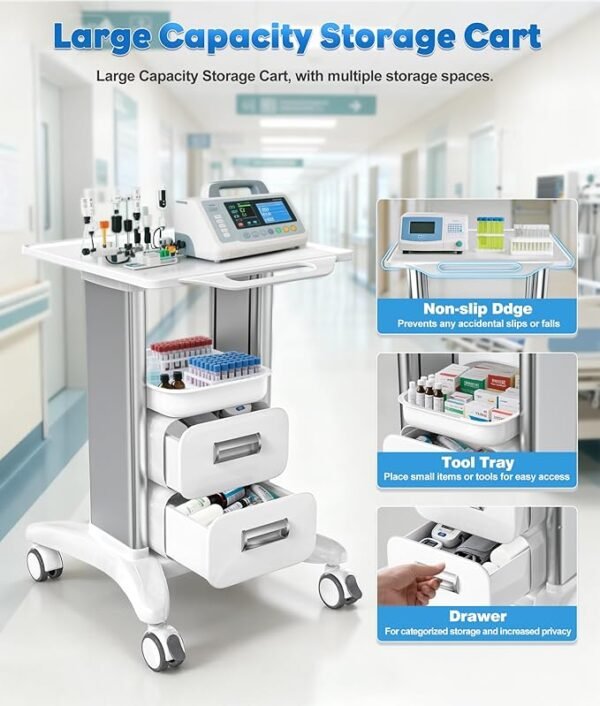 Medical Rolling Storage Crash Cart with Wheels & Drawers, Hospital Mobile Ultrasound cart with 5 Drawers & Power Strip,IV Pole,Needle Disposal,O2 Holder,Nursing Emergency Cart for Hospital, Clinic