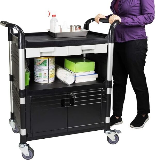 JaboEquip Commercial Heavy Duty Cabinet Rolling Medical Cart, Utility Cart, with 2 Lockable Doors Hospitality School Lab cart Service Cart, JB-3D2, Black Color