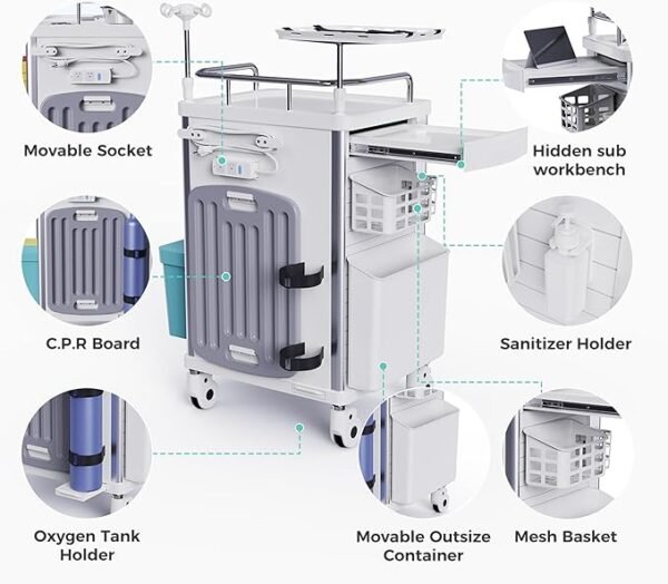 Rolling Crash Cart Medical with Drawers - Adjustable IV Pole, Silent Casters, Needle Disposal Holder, Trash Bin, O2 Holder, Utility Trolley Cart for Clinic, Hospital, Salon, Lab