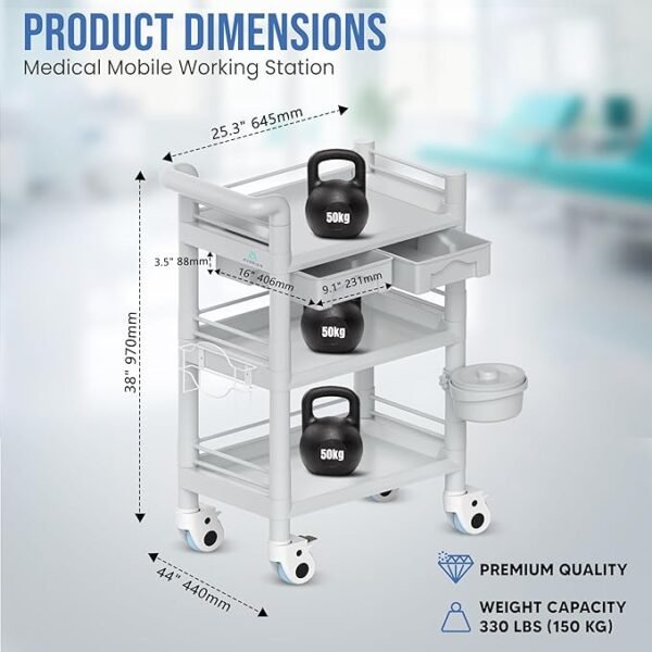 3 Tier ABS Medical Cart Stunning Grey | Rolling Esthetician 330lb Capacity Trolley with Lockable Casters | Supply Mobile Station for Clinics, Labs, Dental & Beauty Spas