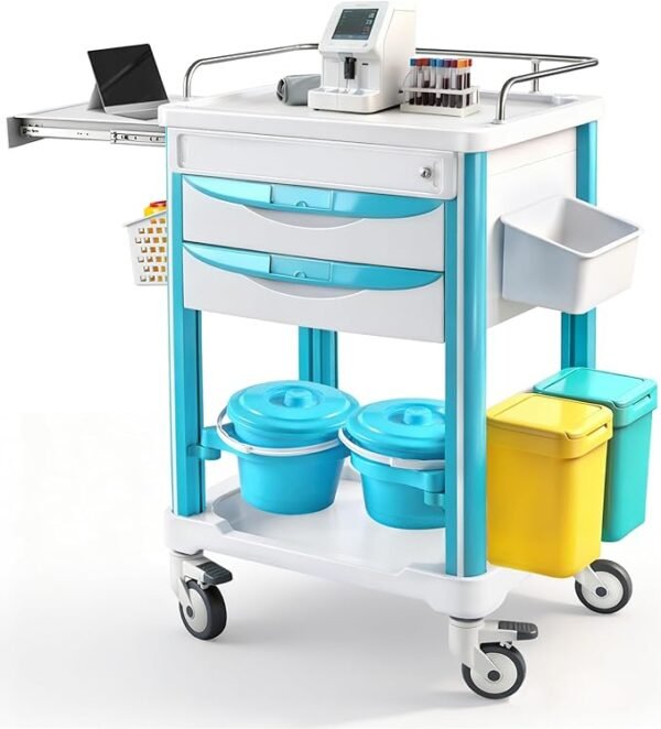 Medical Rolling Storage Crash Cart with Wheels & Drawers, Hospital Mobile Ultrasound cart with 5 Drawers & Power Strip,IV Pole,Needle Disposal,O2 Holder,Nursing Emergency Cart for Hospital, Clinic