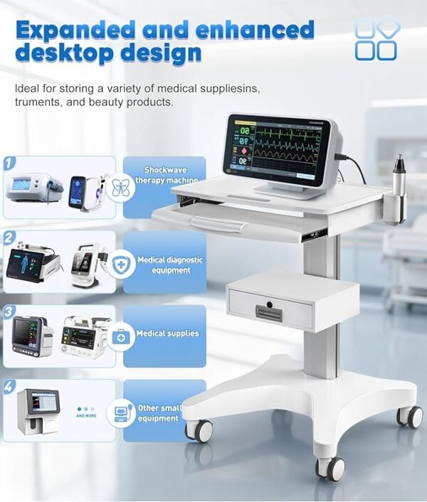 Medical Trolley Cart White with Laptop Tray & Oral Scanner Holder 220LBS, Mobile Rolling Workstation with Drawer & Lockable Wheels for Hospital Dental Clinic Beauty Salon Lab (White, with 1 Drawer)