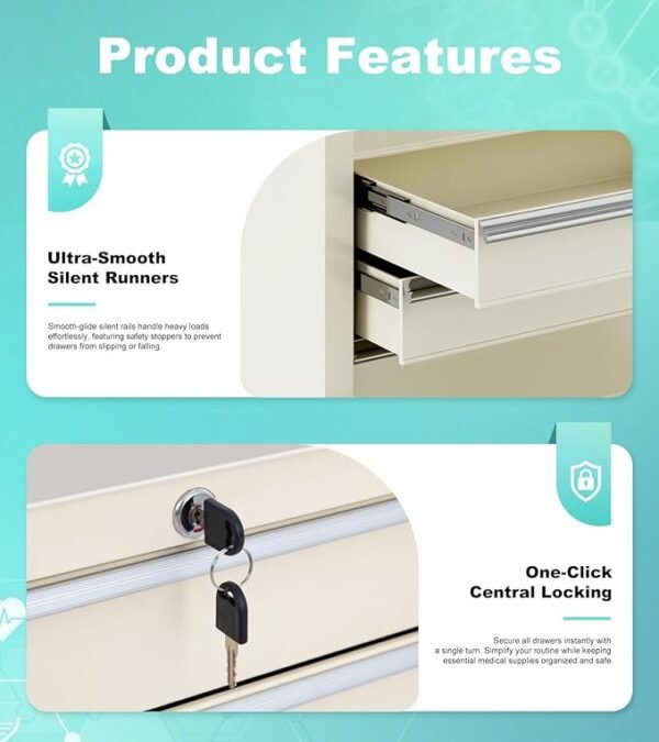 Medical Cart with 5 Drawers and Lock, Rolling Medical Bedside Cabinet on Wheels, Steel Medication Cart 13" D x 24.5" W x 29" H for Hospital Clinic Office School Infirmary, Beige