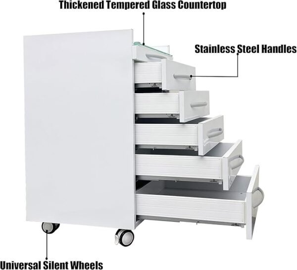 71XJtJ3MVtL._AC_SX679_ 5 Drawer Mobile Dental File Storage Cabinet Stainless Steel White Medical Assistant's Cabinet Utility Cart Glass Countertop with Lock and Wheels and Storage Tray for Office Hospital School