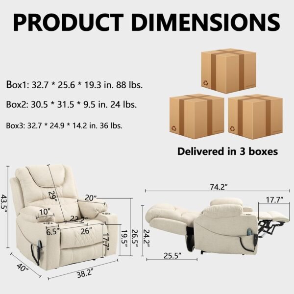 FUNECORP Big Man Power Lay Flat Lift Chair Oversized Recliner Dual Motor Heat Vibration for Elderly, Overstuffed Electric Extra Wide Recliners with Flip Arm Storage Cup Holders,USB Type C Charging