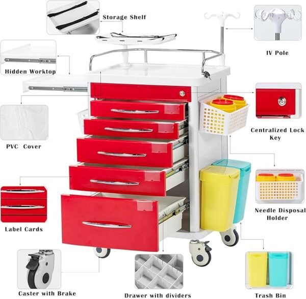 71YzMKe9rKL._AC_SX679_ Medical Cart,Emergency Rolling Crash Cart with CPR Board,Adjustable IV Pole&O2 Holder,Silent Casters,Mobile Emergency Medical Cart with Drawer Dividers for Hospital Clinic Nursing Facilities (Red)