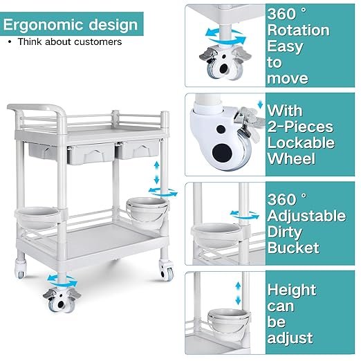 Mobile Medical Cart, 2 Tier Trolley 120 Lbs, with 2 Drawers Carts, Beauty Salon Rolling Trolley with Dirt Buckets, 360° Rotate Wheels, Heavy Duty Medical Utility Cart for Hospital Dental Clinic