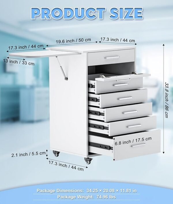 Professional Medical Cart with 150 lbs Capacity – Adjustable Height Rolling Trolley for Hospital, Dental Clinic, Beauty Salon – 360° Silent Lockable Wheels (with 7 Drawers/White)